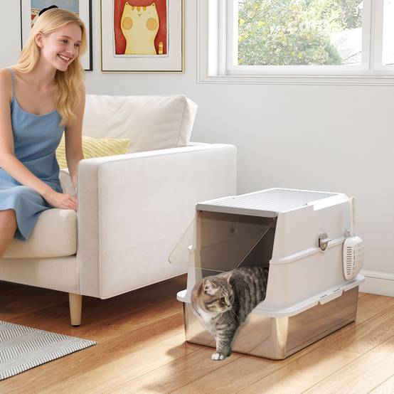Litière chat acier inoxydable XL fermée couvercle rabattable bord haut pelle antifuite gris clair - Image 4