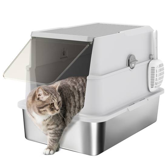 Litière chat acier inoxydable XL fermée couvercle rabattable bord haut pelle antifuite gris clair - Image 1