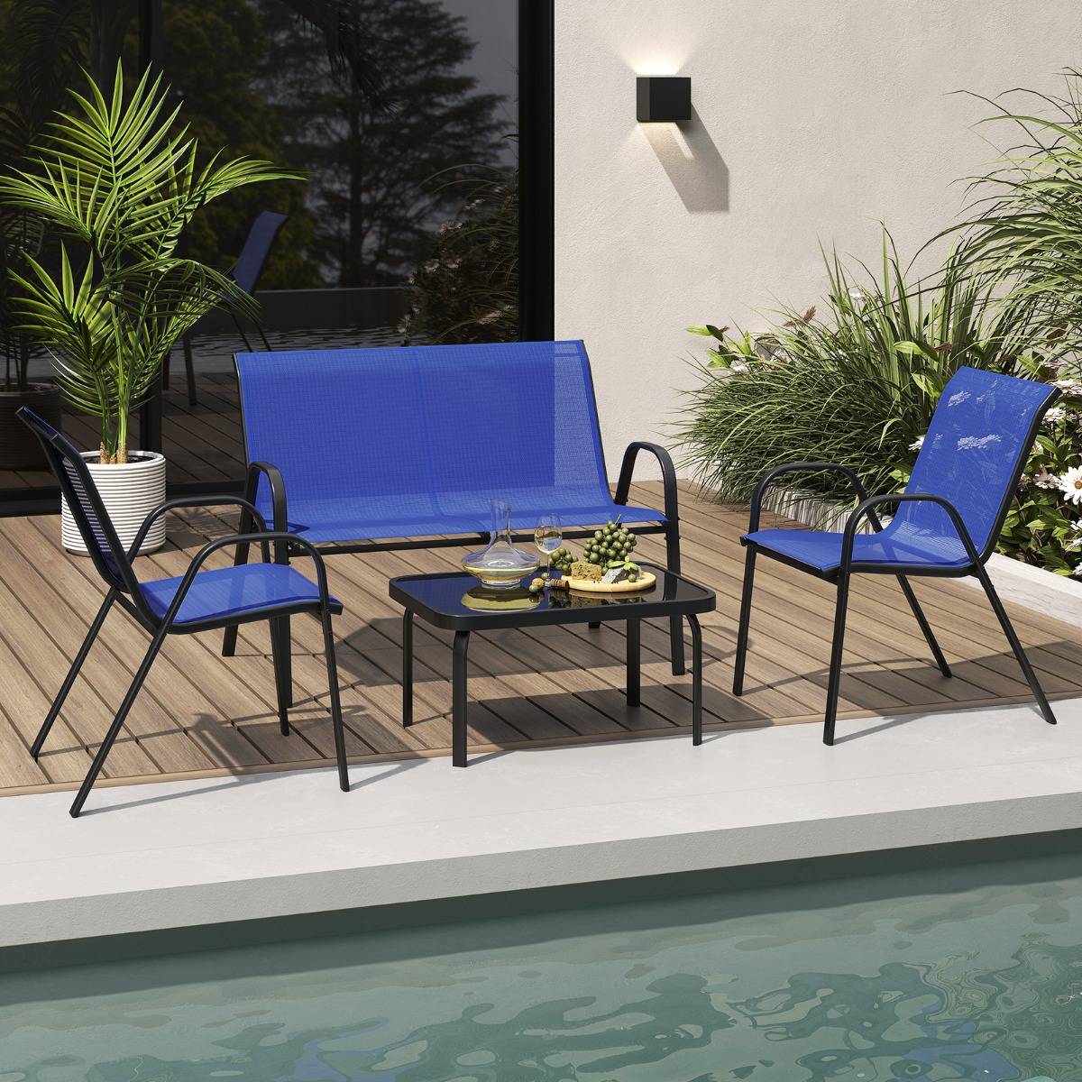 Maison Chic - Ensemble Salon de Jardin 4 Pièces 2 Fauteuils 1 Canapé 1 Table Basse en Verre pour Terrasse Piscine Patio Balcon Bleu MAISON CHIC - Image 5