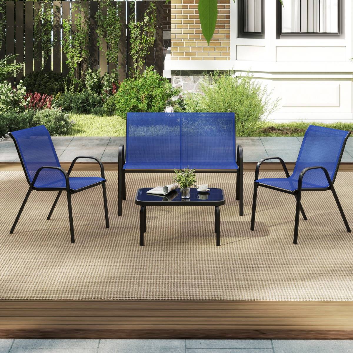 Maison Chic - Ensemble Salon de Jardin 4 Pièces 2 Fauteuils 1 Canapé 1 Table Basse en Verre pour Terrasse Piscine Patio Balcon Bleu MAISON CHIC - Image 3