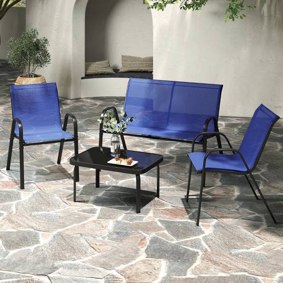 Maison Chic - Ensemble Salon de Jardin 4 Pièces 2 Fauteuils 1 Canapé 1 Table Basse en Verre pour Terrasse Piscine Patio Balcon Bleu MAISON CHIC - Image 4