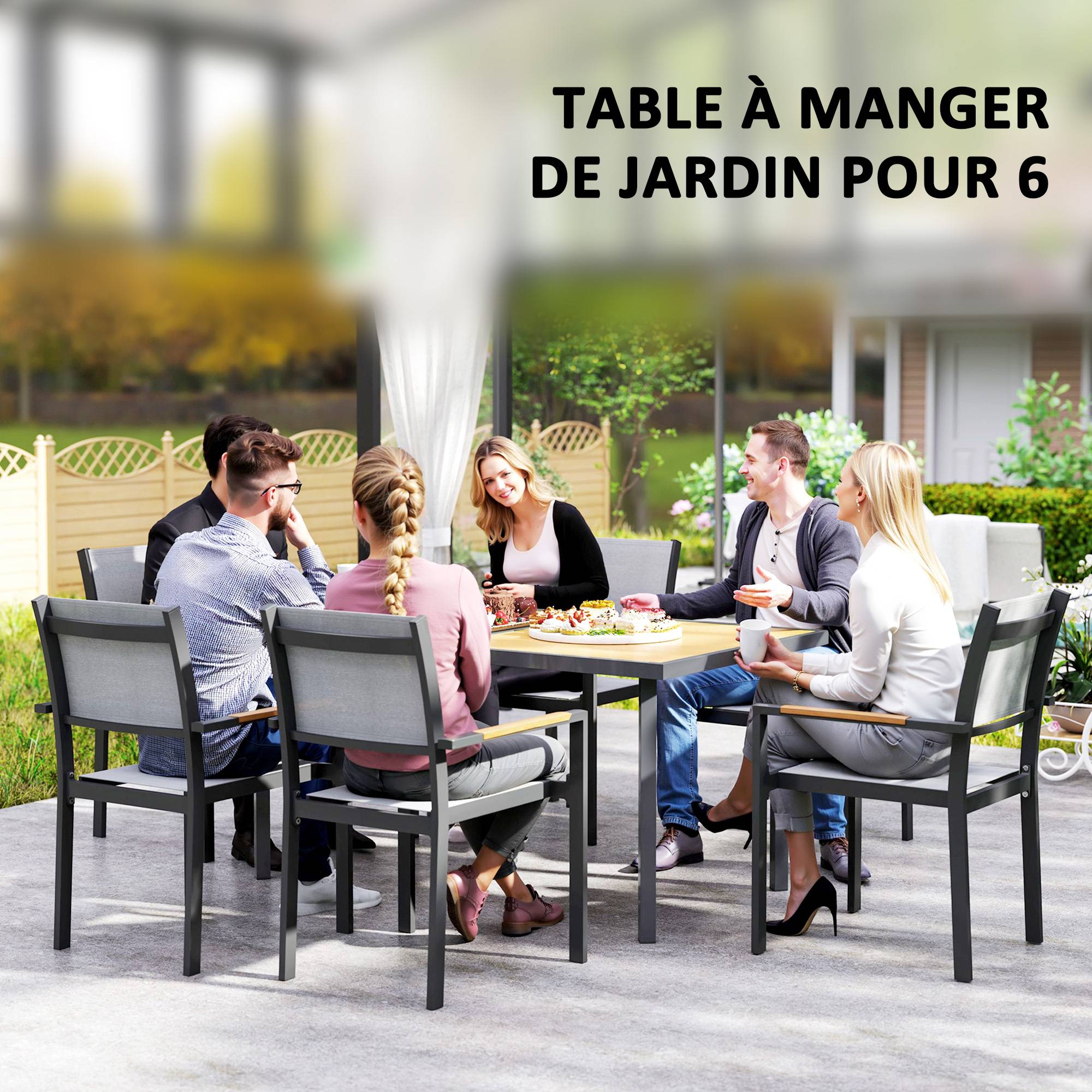 Table à manger de jardin acier 6 personnes plateau effet bois 150x90cm bois - ComfortXL Outdoor Living - Image 7