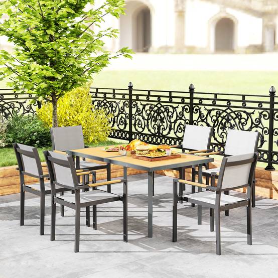 Table à manger de jardin acier 6 personnes plateau effet bois 150x90cm bois - ComfortXL Outdoor Living - Image 8