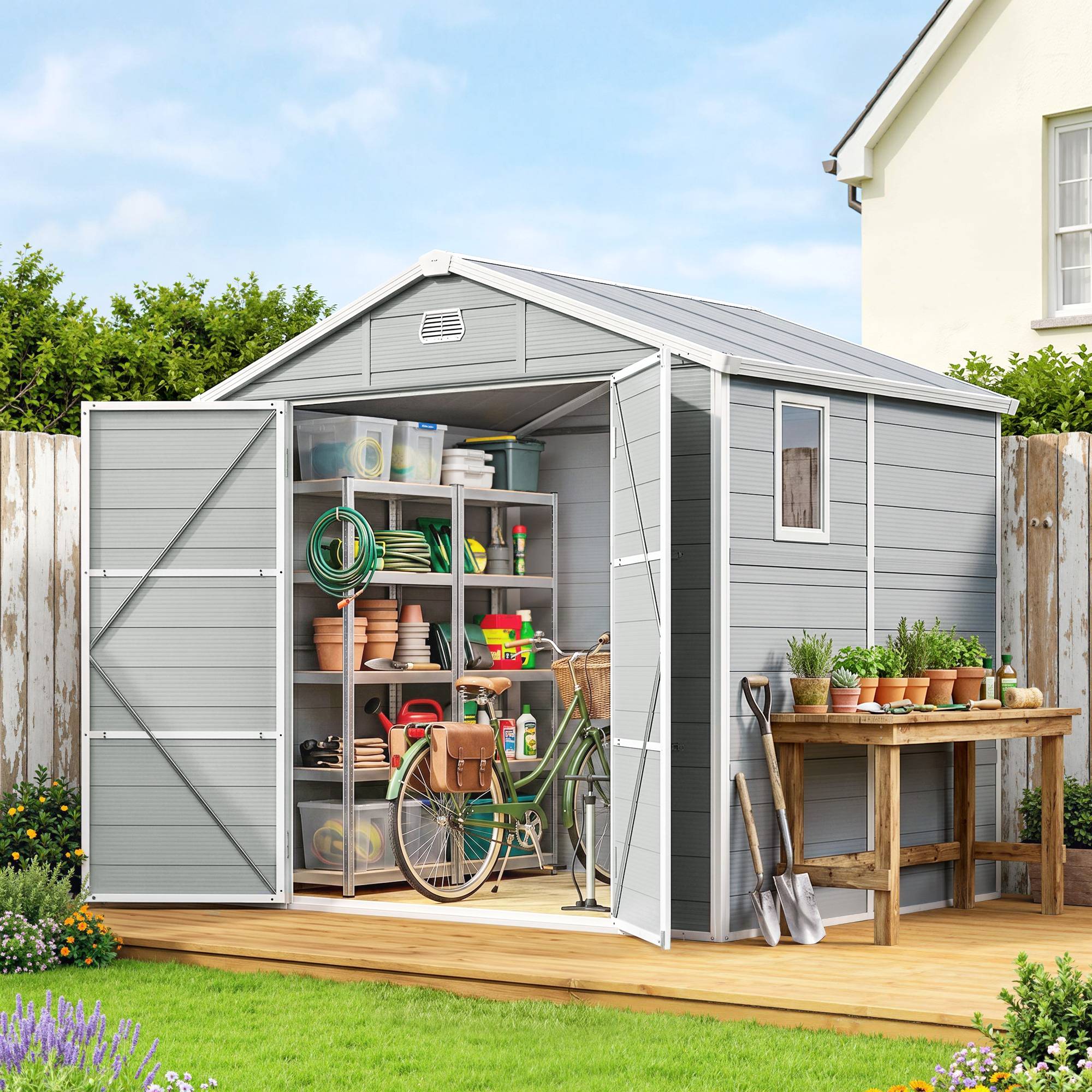 ComfortXL - Abri de jardin en plastique et aluminium 240 x 190 x 228 cm gris clair avec fondation rangement extérieur - Image 4