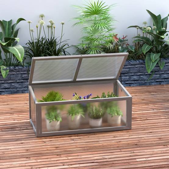 Mini Serre Châssis Bois Polycarbonate Jardin Semis Potager 90x46cm Gris - ComfortXL Outdoor Living - Image 1
