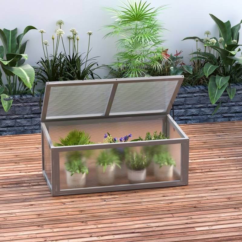 Mini Serre Châssis Bois Polycarbonate Jardin Semis Potager 90x46cm Gris - ComfortXL Outdoor Living - Image 1