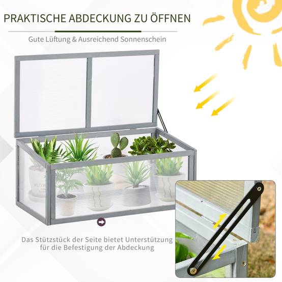 Mini Serre Châssis Bois Polycarbonate Jardin Semis Potager 90x46cm Gris - ComfortXL Outdoor Living - Image 5