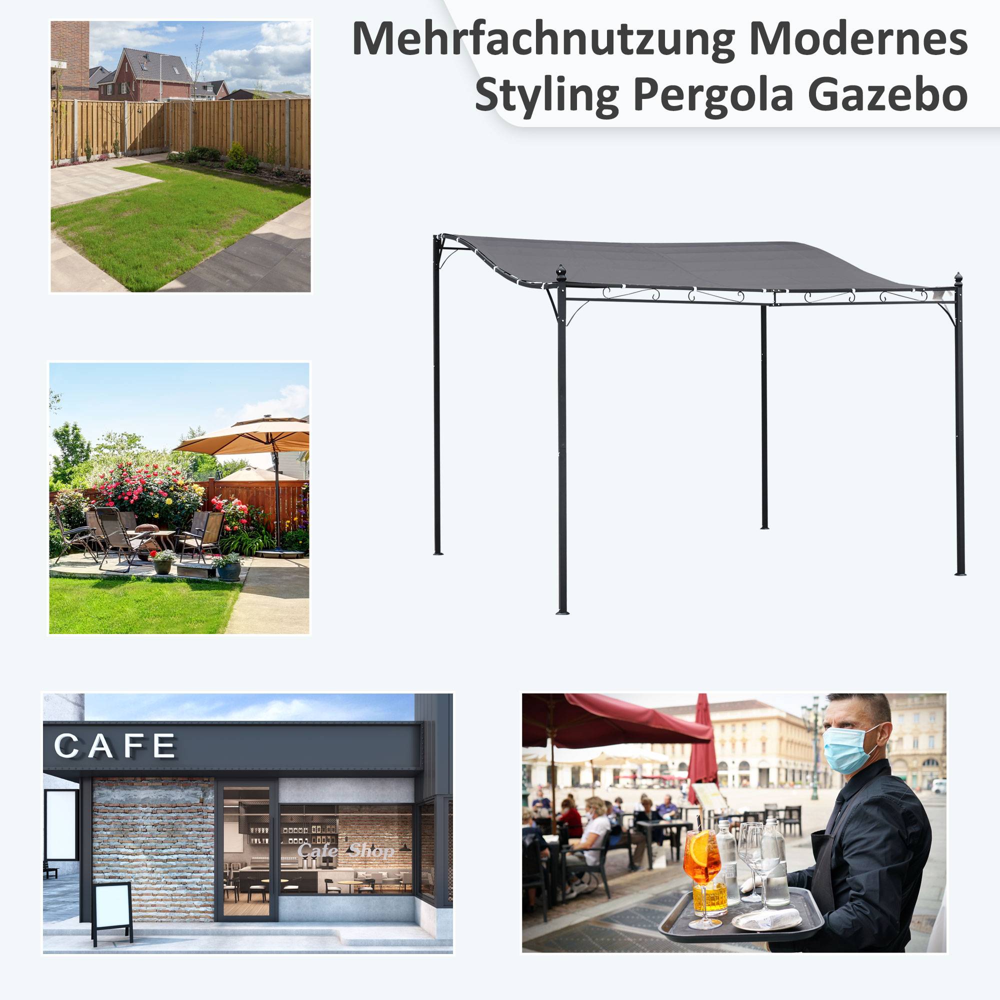 Pergola adossée métal pour terrasse avec toit incurvé anti-pluie 297x297cm gris - ComfortXL Outdoor Living - Image 4