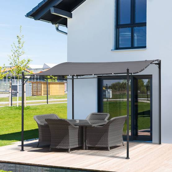 Pergola adossée métal pour terrasse avec toit incurvé anti-pluie 297x297cm gris - ComfortXL Outdoor Living - Image 1