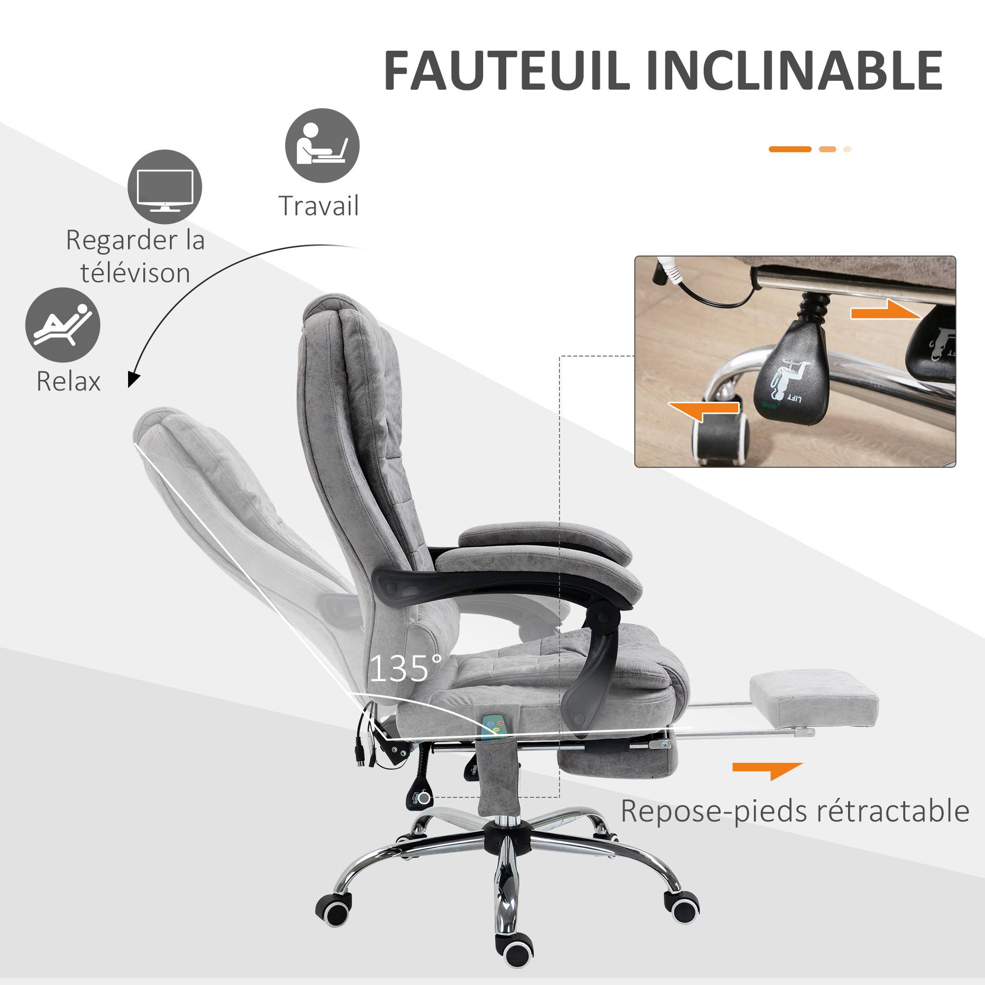 Sans Marque - Fauteuil de bureau direction massant chauffant hauteur réglable dossier inclinable toile de microfibre gris - Image 7