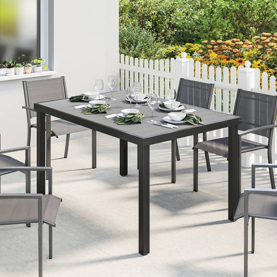 Table de jardin pour 6 personnes avec plateau à lattes, structure en acier, 140 x 90 x 74 cm, grise - Image 3
