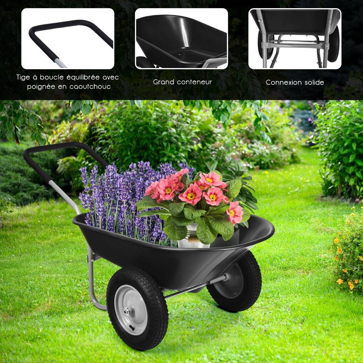 Brouette de Jardin 2 Roues Brouette de Jardin Résistante en Fer avec Pneus Ø35cm Charge Max 100KG pour Jardinage/Maçonnerie Noir - Image 7