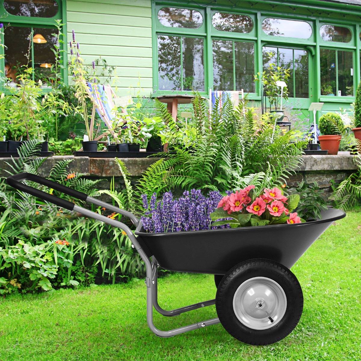 Brouette de Jardin 2 Roues Brouette de Jardin Résistante en Fer avec Pneus Ø35cm Charge Max 100KG pour Jardinage/Maçonnerie Noir - Image 2