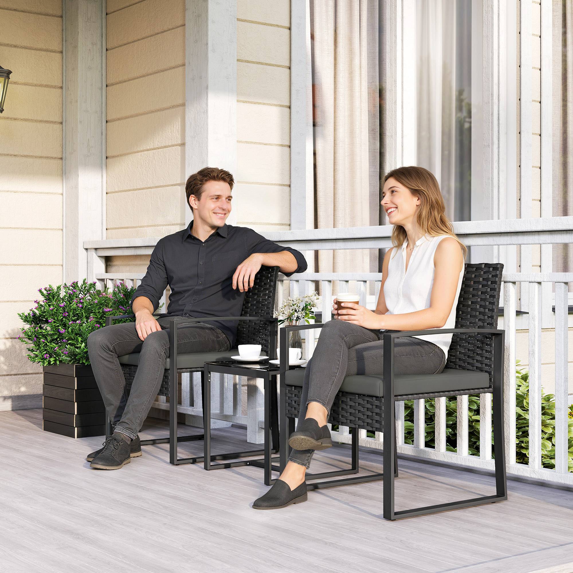 Outsunny - Salon de jardin extérieur 2 personnes - table de jardin et 2 chaises - plateau en verre trempé - résine tressée - noir - Outsunny - Image 2