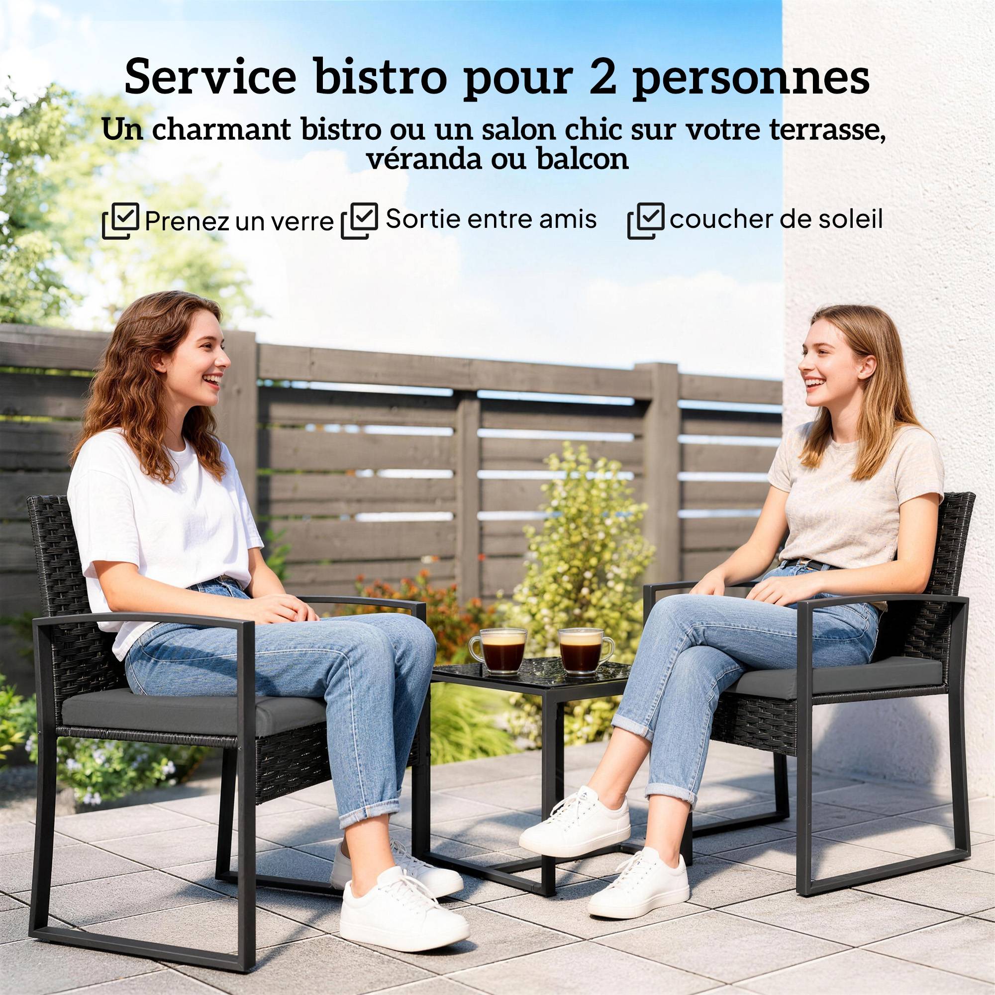 Outsunny - Salon de jardin extérieur 2 personnes - table de jardin et 2 chaises - plateau en verre trempé - résine tressée - noir - Outsunny - Image 7