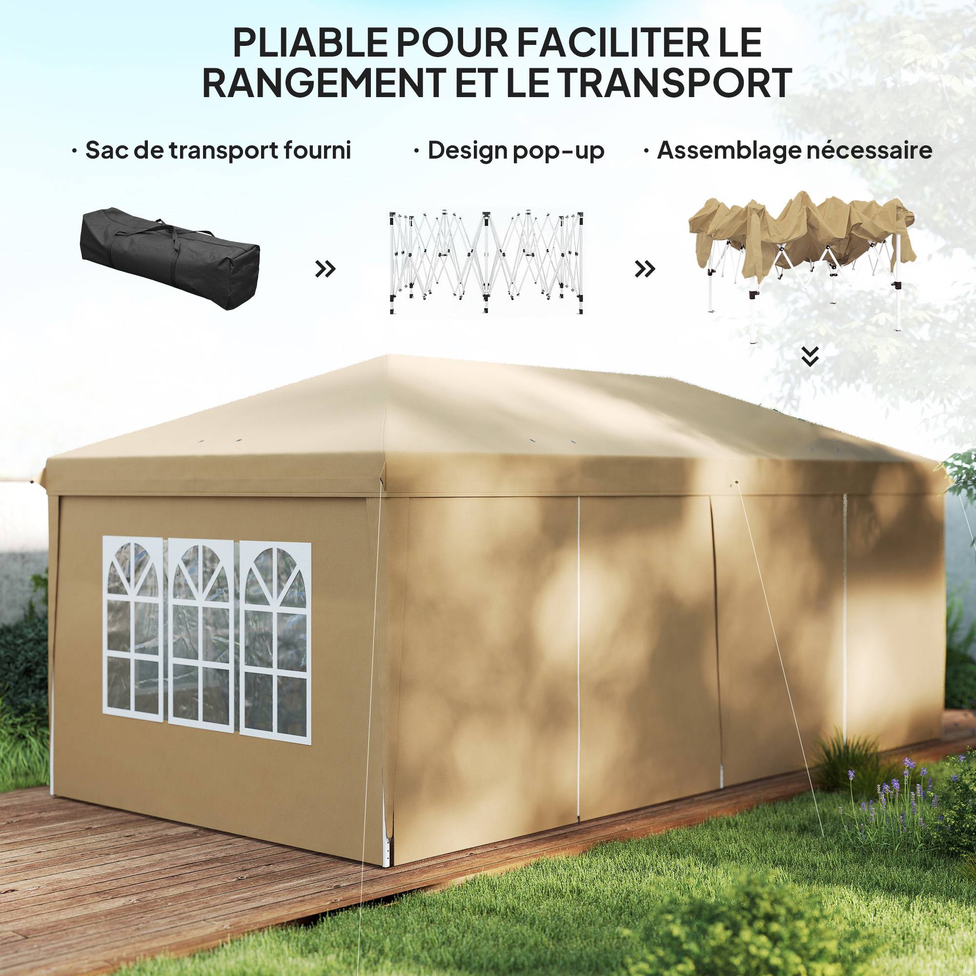 Tonnelle pliante métal et tissu kaki 585 x 295 x 270 cm - PANGIVO - Image 7
