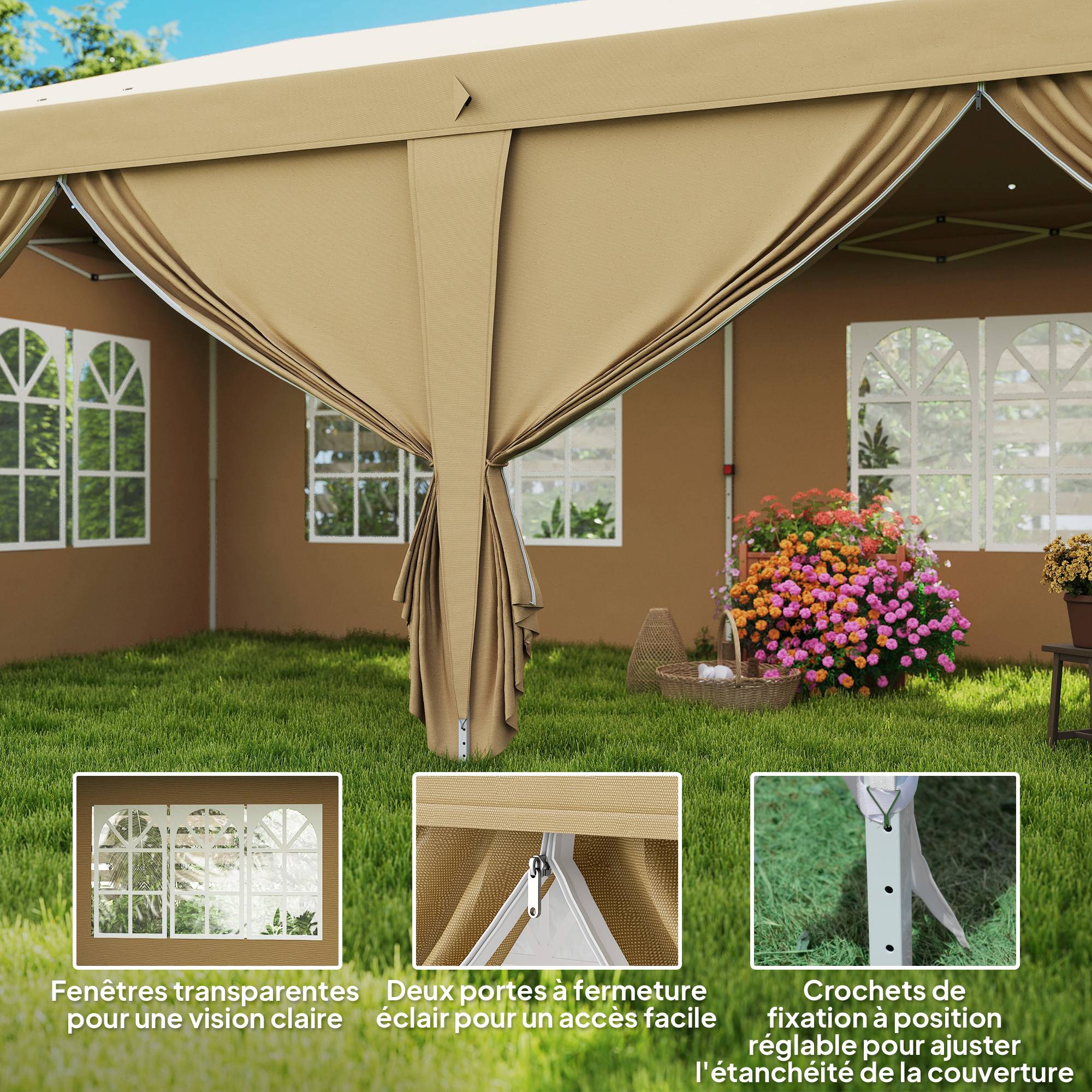 Tonnelle pliante métal et tissu kaki 585 x 295 x 270 cm - PANGIVO - Image 10