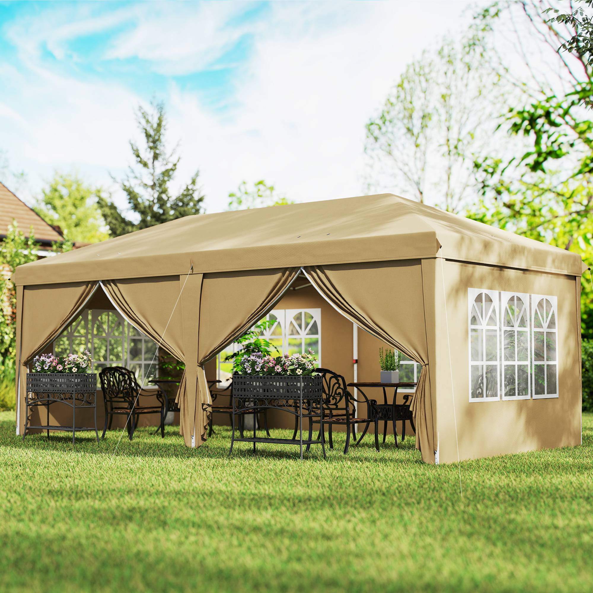 Tonnelle pliante métal et tissu kaki 585 x 295 x 270 cm - PANGIVO - Image 4