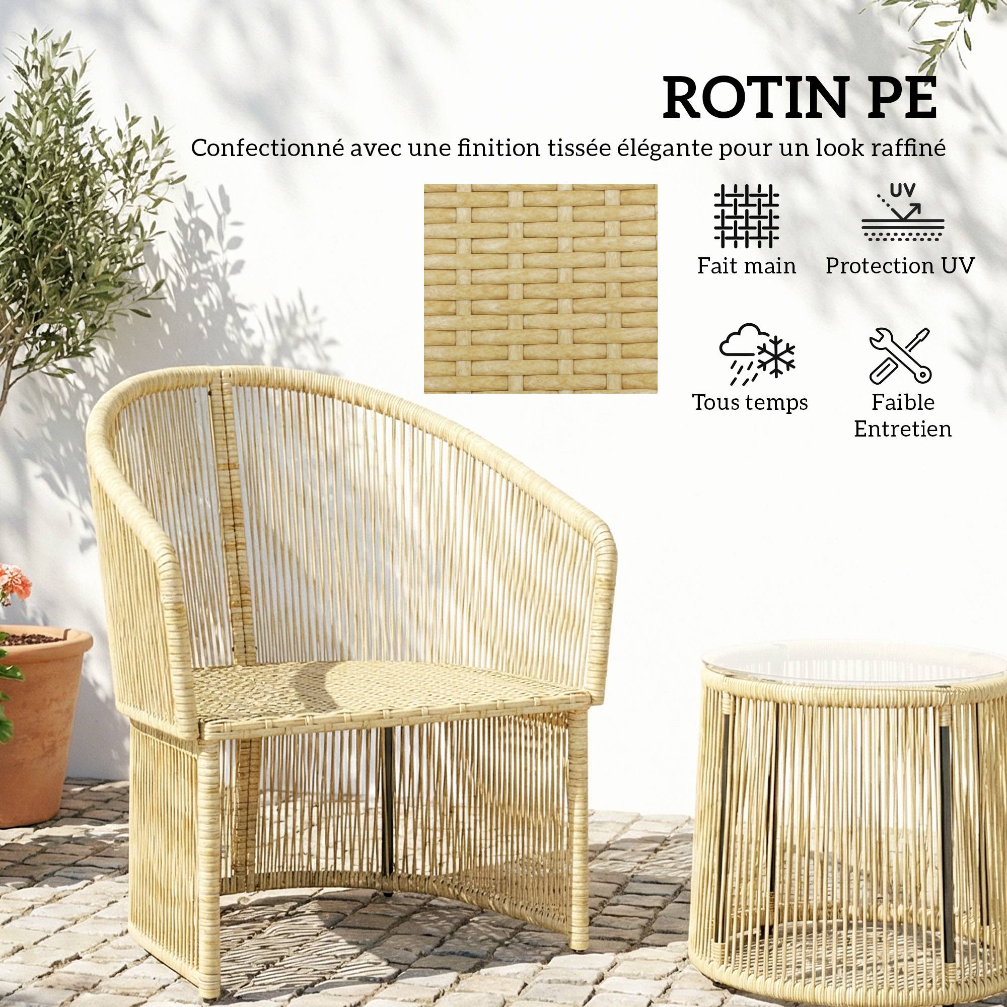 Salon de jardin extérieur en résine tressée 2 personnes, table de jardin avec 2 chaises, plateau en verre trempé, noir - Image 7