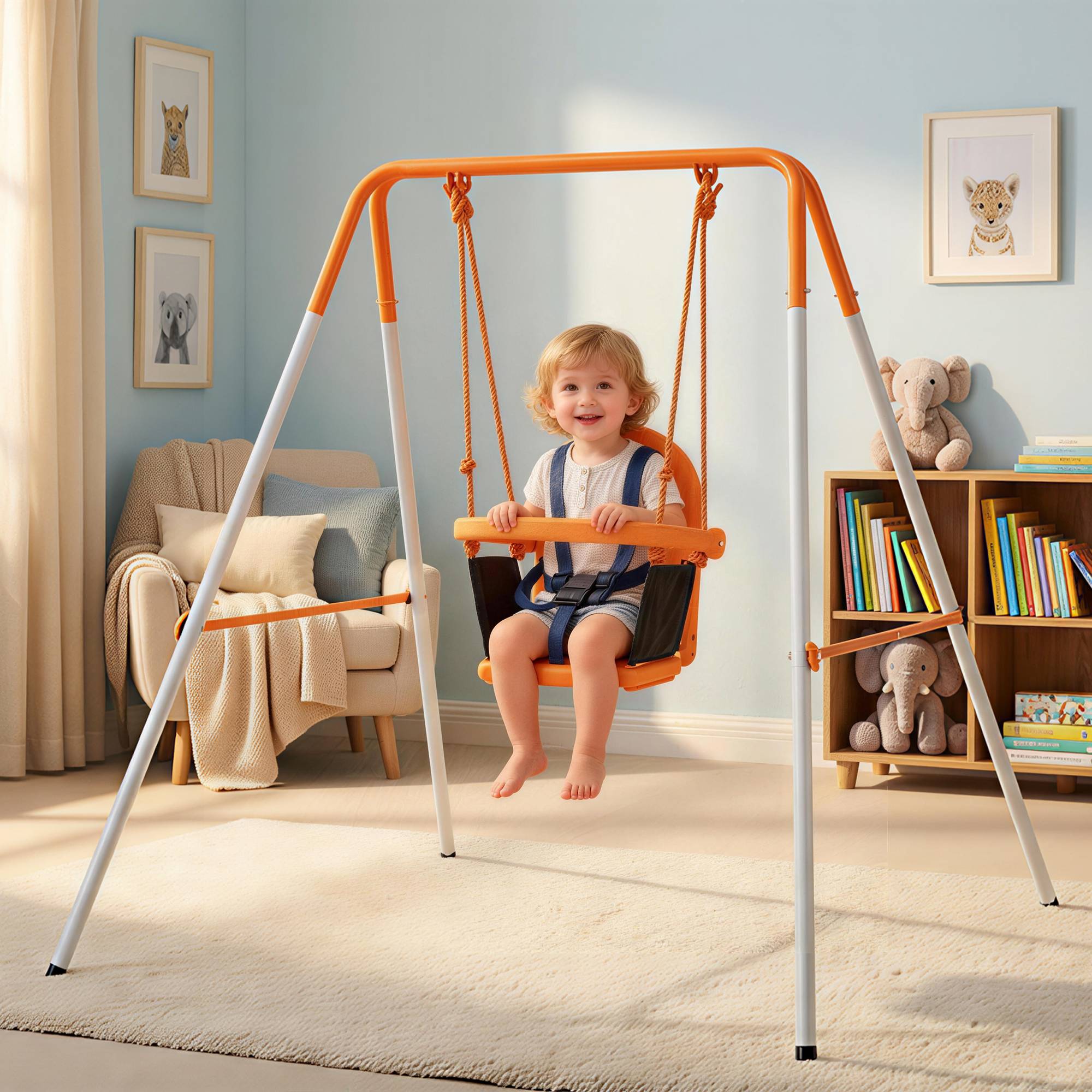 Balançoire portique pour enfants 6 à 36 mois, charge max 25 kg, cadre acier, hauteur 122 cm, orange, modèle sécurisé pour bébés - Image 1