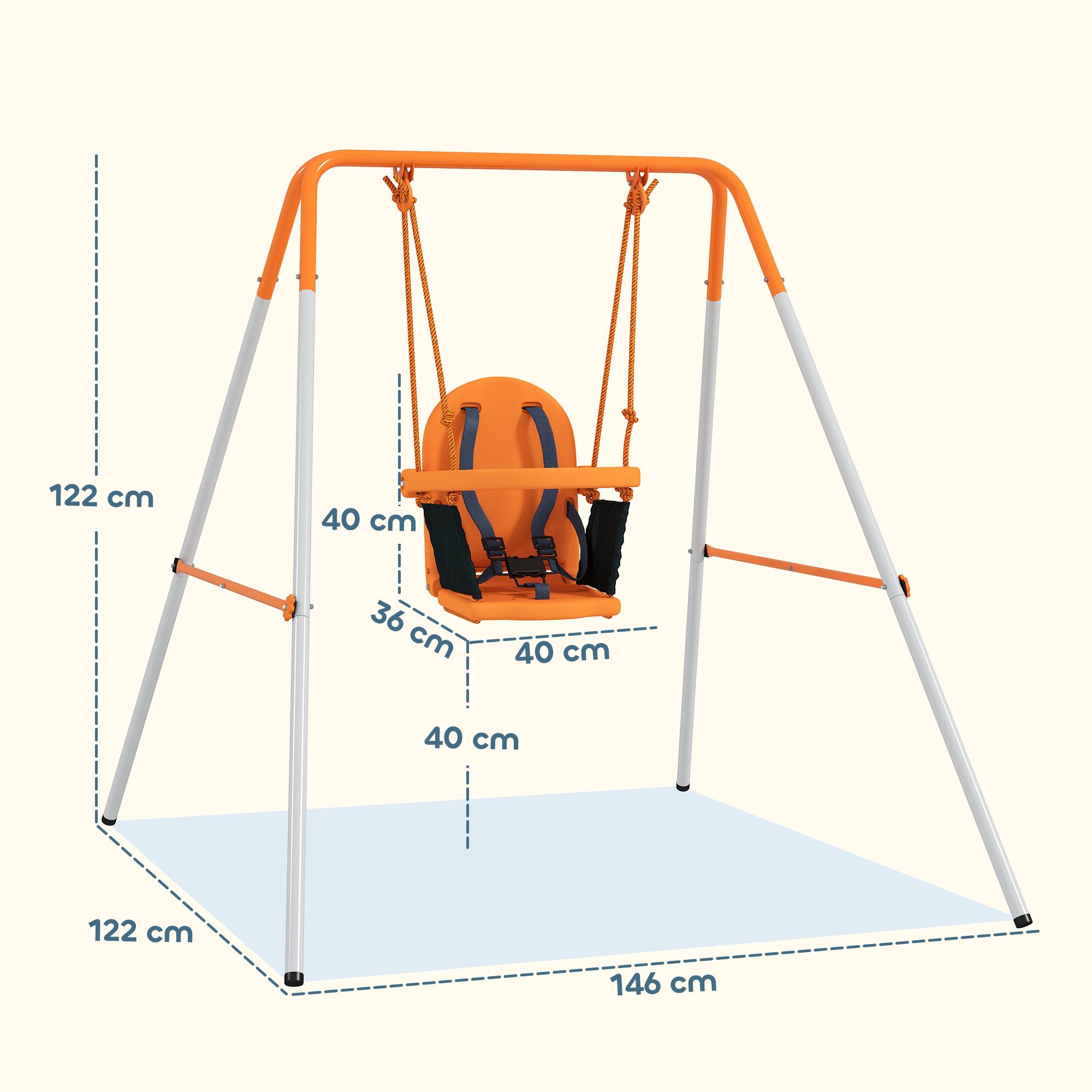 Balançoire portique pour enfants 6 à 36 mois, charge max 25 kg, cadre acier, hauteur 122 cm, orange, modèle sécurisé pour bébés - Image 3