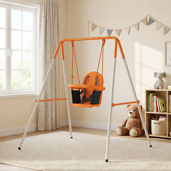 Balançoire portique pour enfants 6 à 36 mois, charge max 25 kg, cadre acier, hauteur 122 cm, orange, modèle sécurisé pour bébés - Image 7
