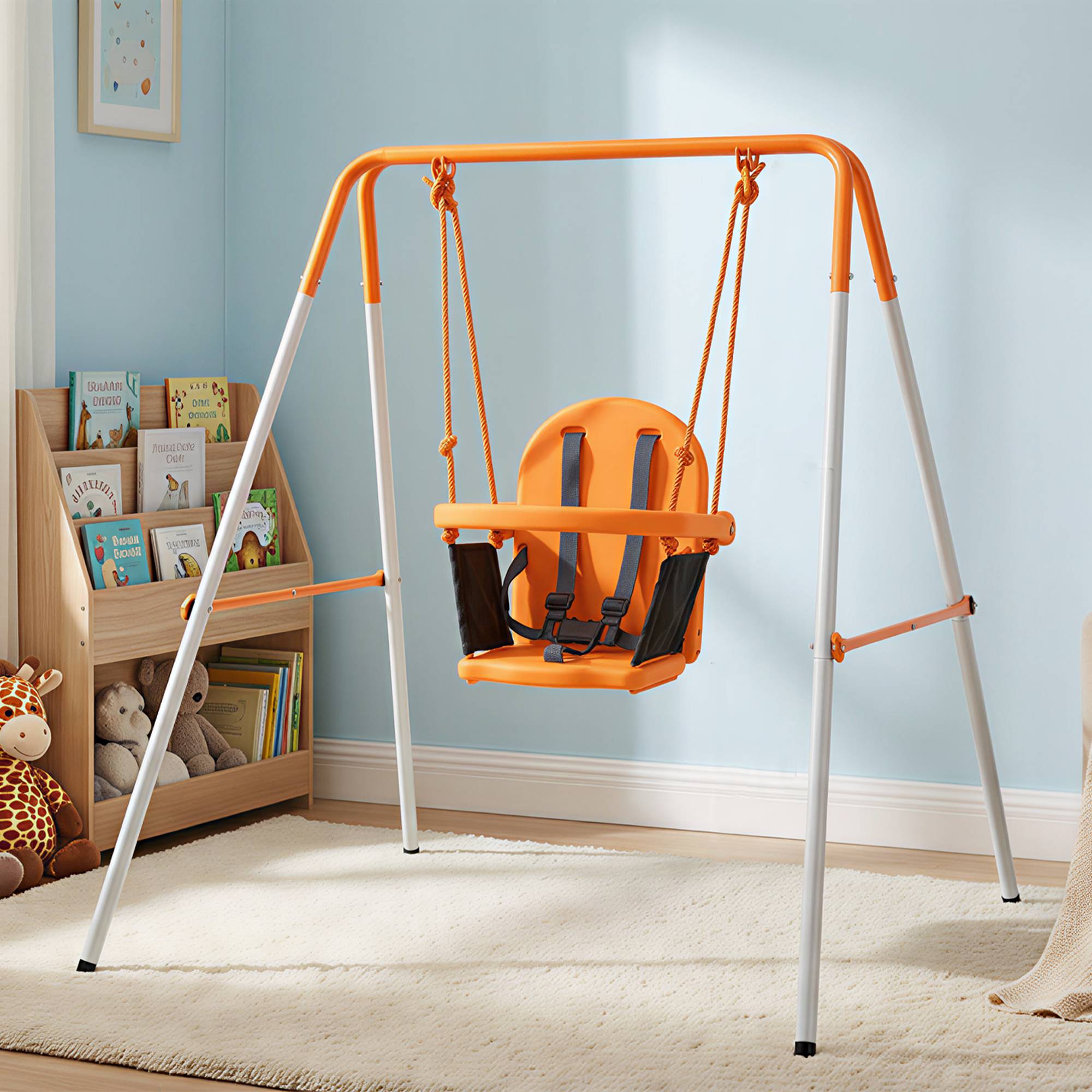 Balançoire portique pour enfants 6 à 36 mois, charge max 25 kg, cadre acier, hauteur 122 cm, orange, modèle sécurisé pour bébés - Image 2