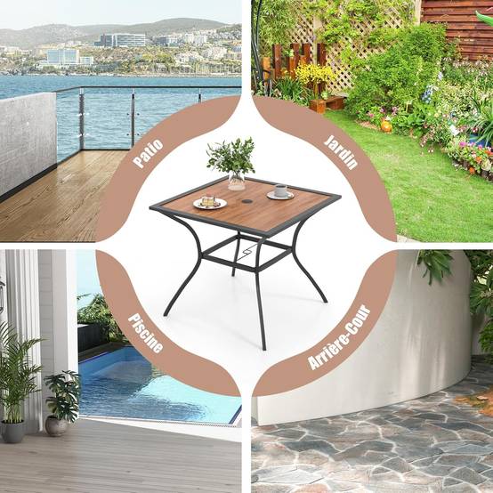 Table de Jardin Carrée pour 4 Personnes, Table Bistrot avec Trou pour Parasol Réglable Plateau en Bois Cadre en Métal - Image 8