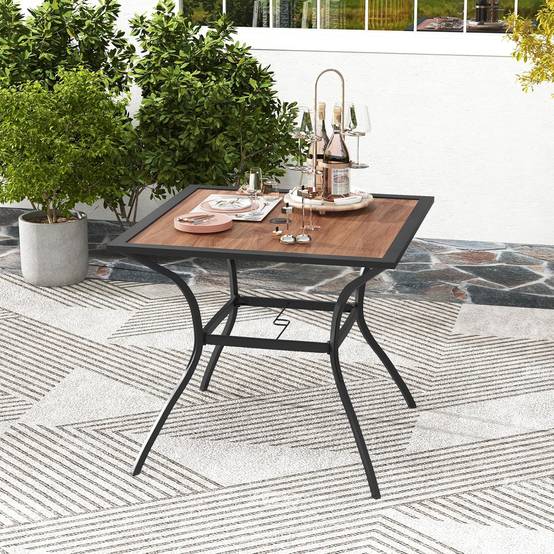 Table de Jardin Carrée pour 4 Personnes, Table Bistrot avec Trou pour Parasol Réglable Plateau en Bois Cadre en Métal - Image 2