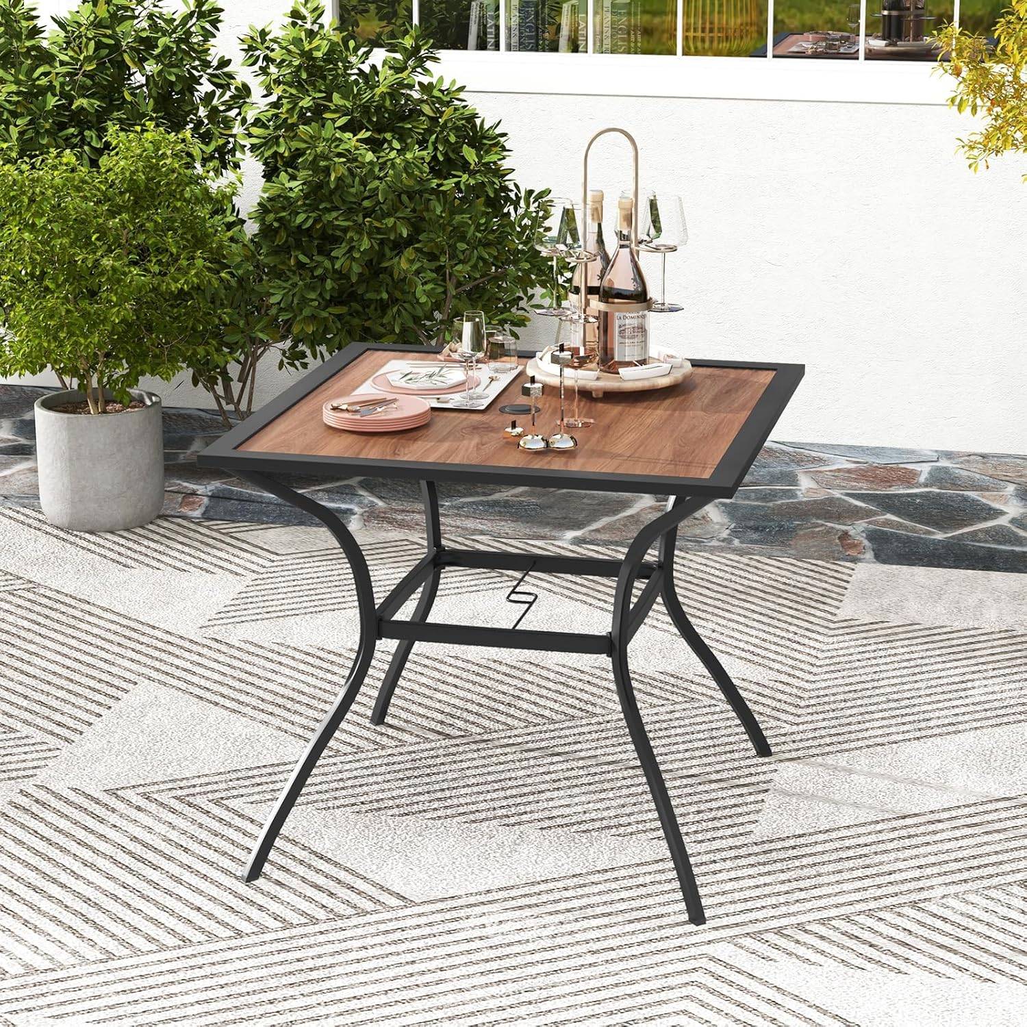 Table de Jardin Carrée pour 4 Personnes, Table Bistrot avec Trou pour Parasol Réglable Plateau en Bois Cadre en Métal - Image 2