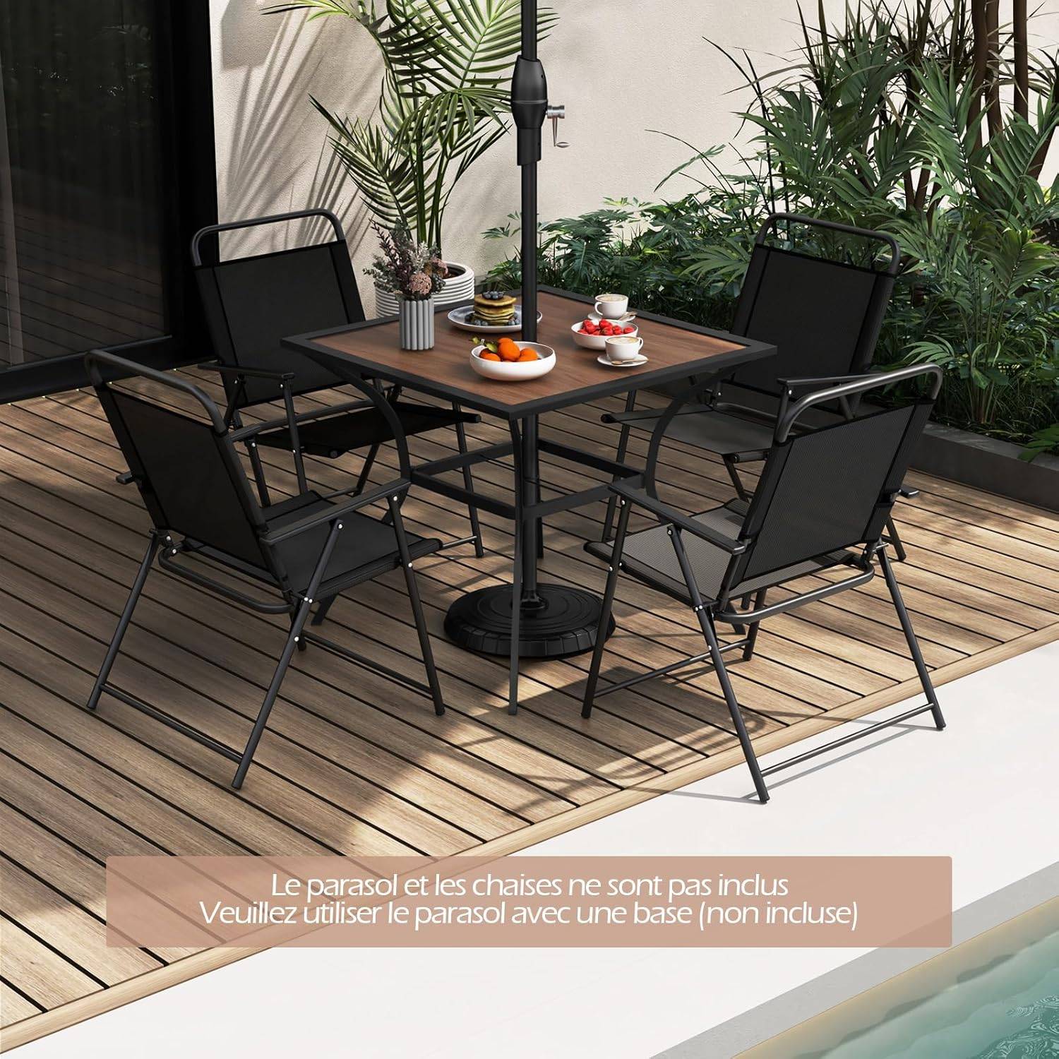 Table de Jardin Carrée pour 4 Personnes, Table Bistrot avec Trou pour Parasol Réglable Plateau en Bois Cadre en Métal - Image 7