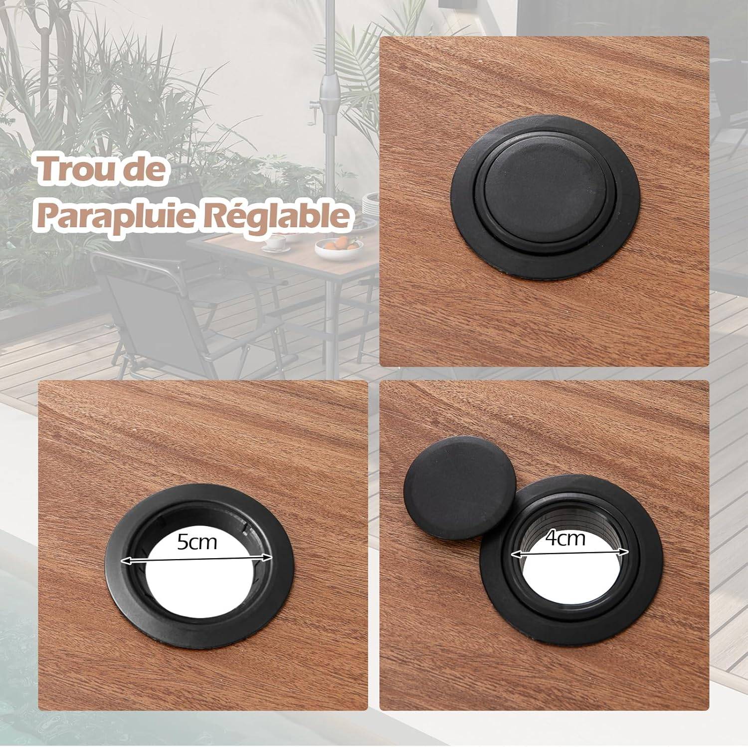 Table de Jardin Carrée pour 4 Personnes, Table Bistrot avec Trou pour Parasol Réglable Plateau en Bois Cadre en Métal - Image 6