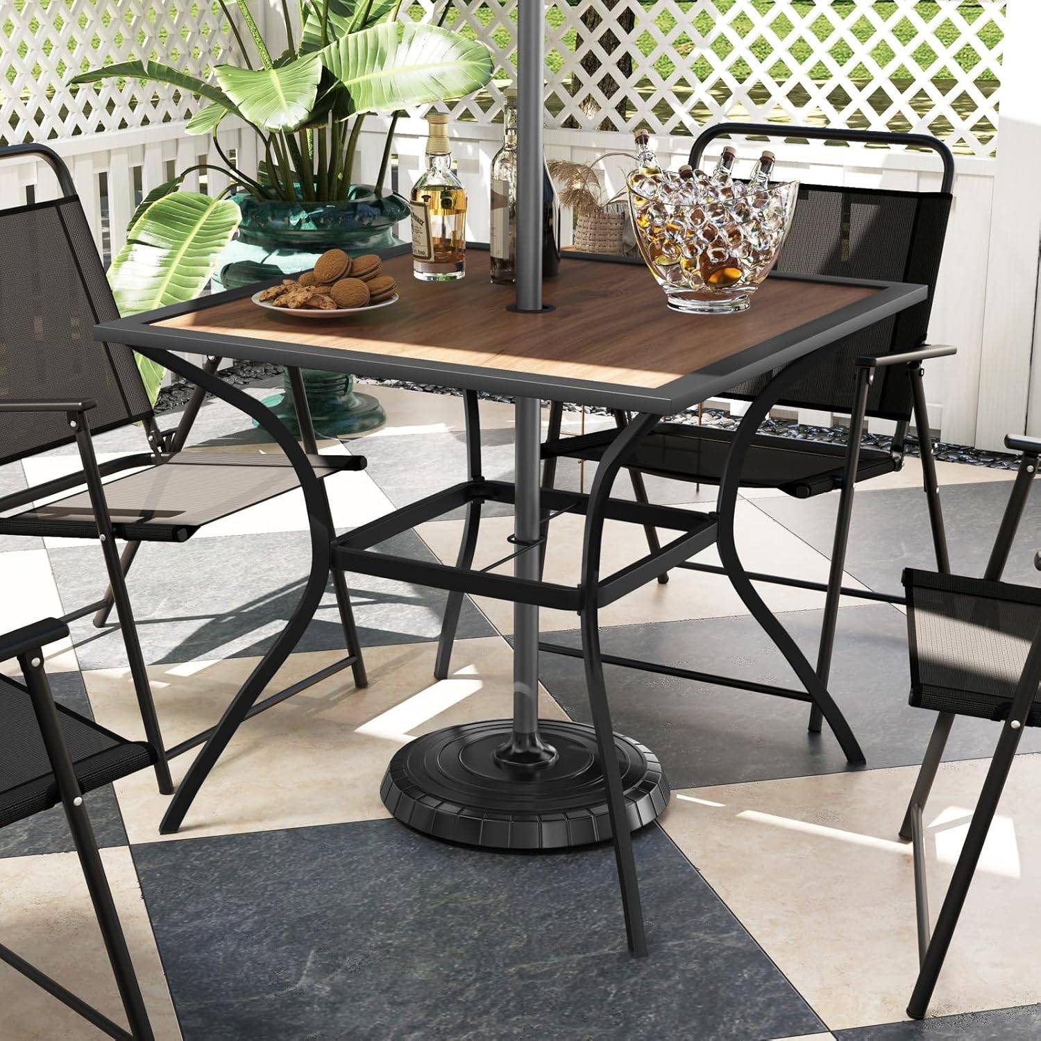 Table de Jardin Carrée pour 4 Personnes, Table Bistrot avec Trou pour Parasol Réglable Plateau en Bois Cadre en Métal - Image 9