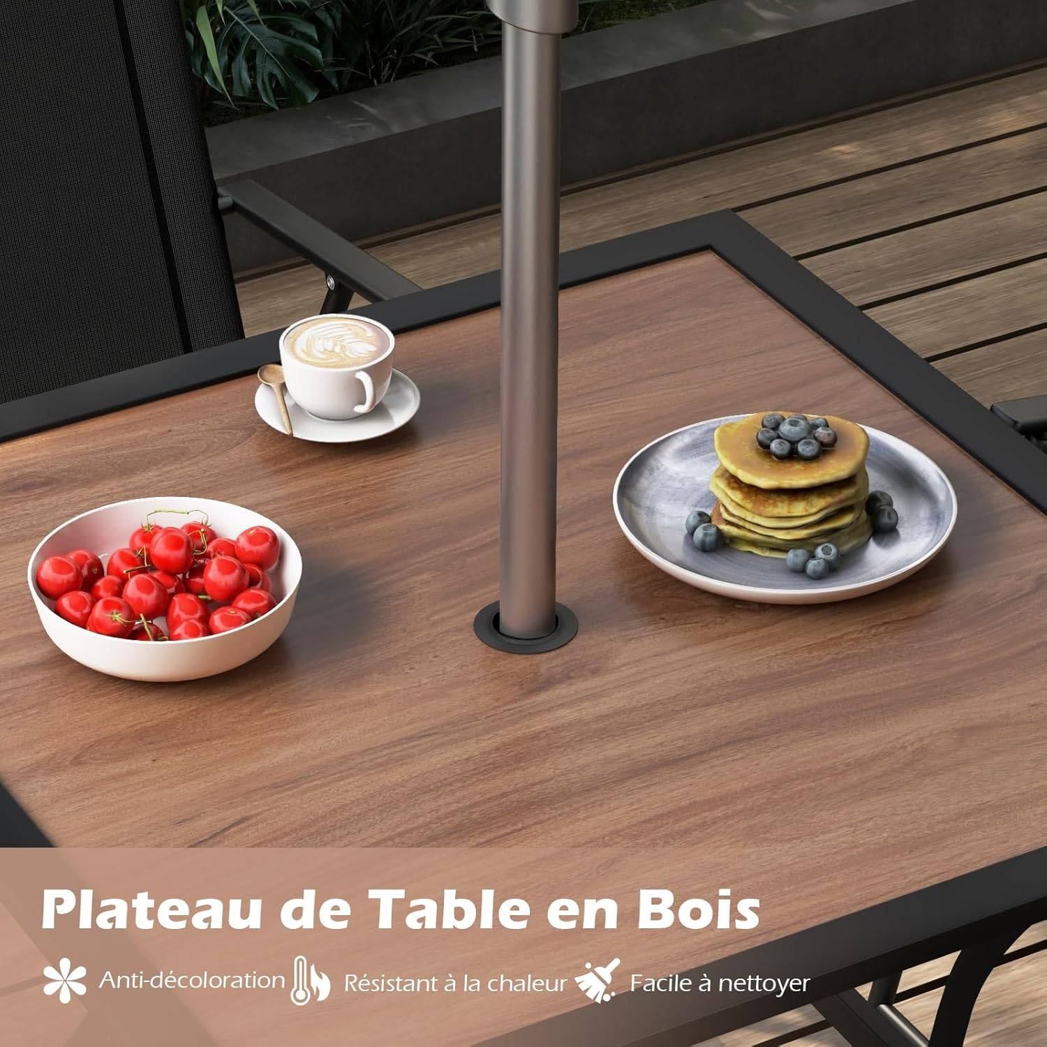 Table de Jardin Carrée pour 4 Personnes, Table Bistrot avec Trou pour Parasol Réglable Plateau en Bois Cadre en Métal - Image 5