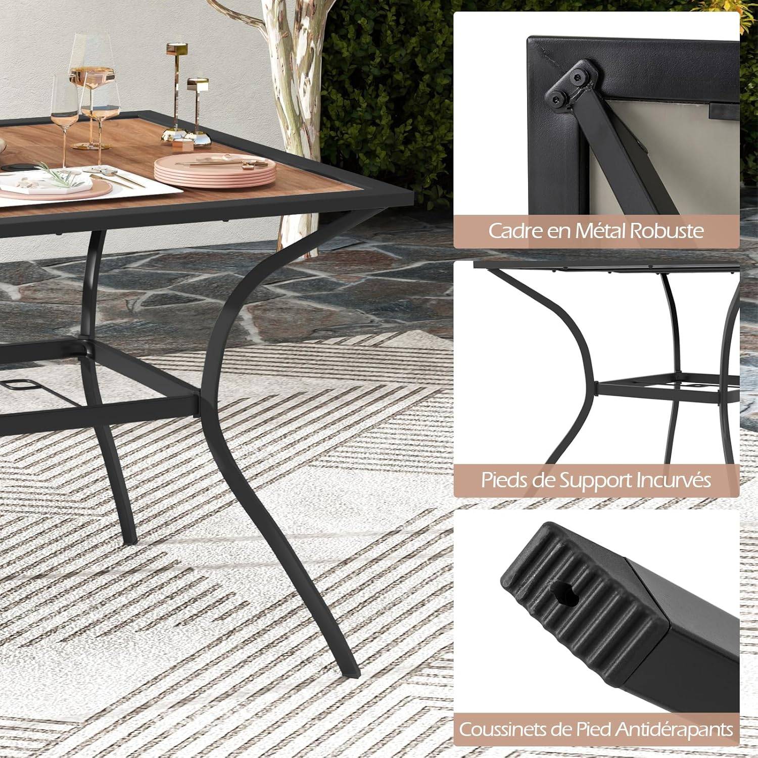 Table de Jardin Carrée pour 4 Personnes, Table Bistrot avec Trou pour Parasol Réglable Plateau en Bois Cadre en Métal - Image 3