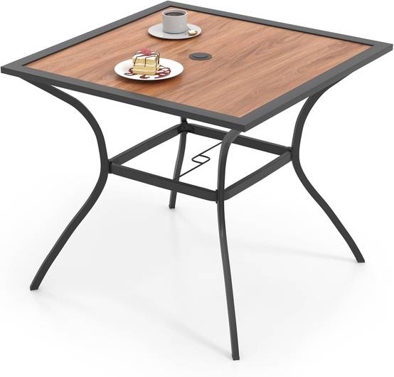 Table de Jardin Carrée pour 4 Personnes, Table Bistrot avec Trou pour Parasol Réglable Plateau en Bois Cadre en Métal - Image 1
