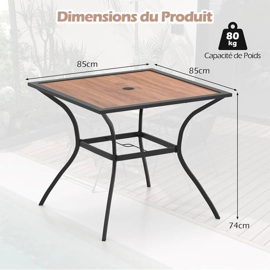 Table de Jardin Carrée pour 4 Personnes, Table Bistrot avec Trou pour Parasol Réglable Plateau en Bois Cadre en Métal - Image 4