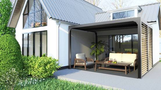 Habrita - Pergola Bioclimatique Aluminium Gris Anthracite avec Ventelles Latérales Imitation Bois – 10,80 m² – Lames Orientables Manuelles Habrita - Image 4