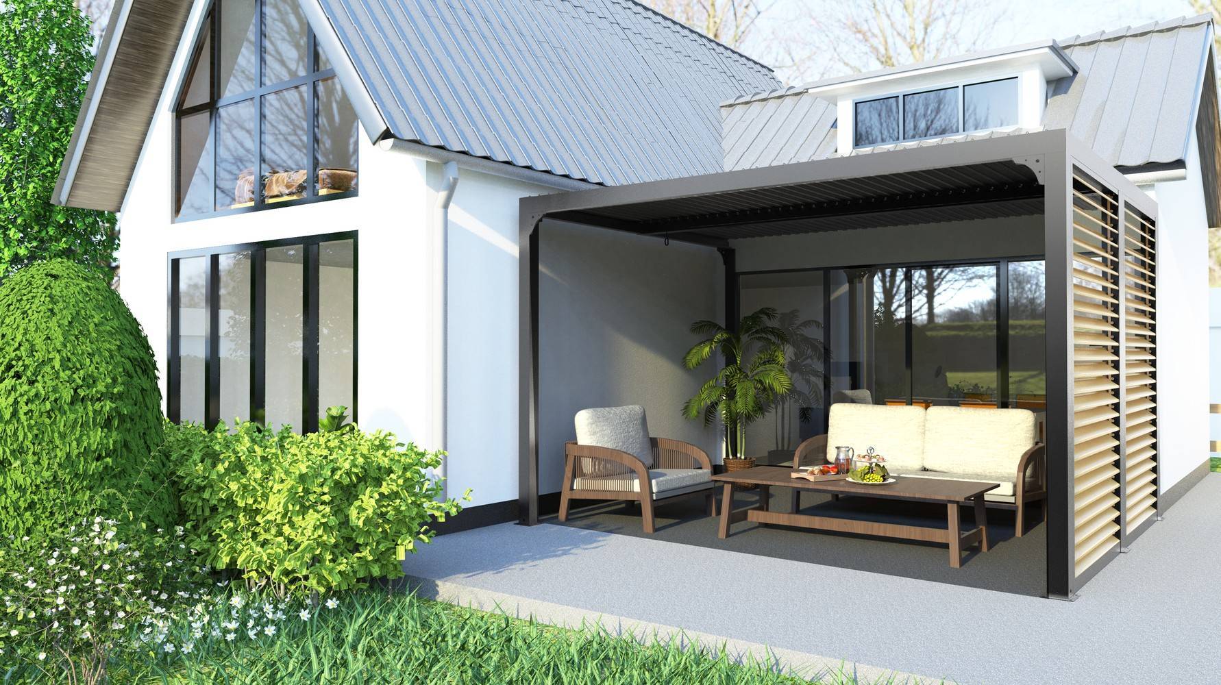 Habrita - Pergola Bioclimatique Aluminium Gris Anthracite avec Ventelles Latérales Imitation Bois – 10,80 m² – Lames Orientables Manuelles Habrita - Image 4