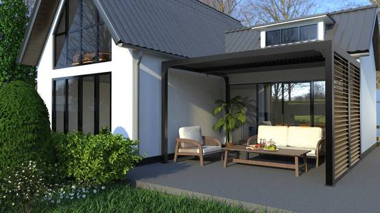 Habrita - Pergola Bioclimatique Aluminium Gris Anthracite avec Ventelles Latérales Imitation Bois – 10,80 m² – Lames Orientables Manuelles Habrita - Image 5