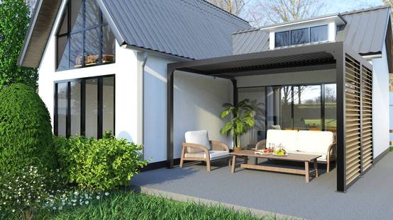 Habrita - Pergola Bioclimatique Aluminium Gris Anthracite avec Ventelles Latérales Imitation Bois – 10,80 m² – Lames Orientables Manuelles Habrita - Image 3