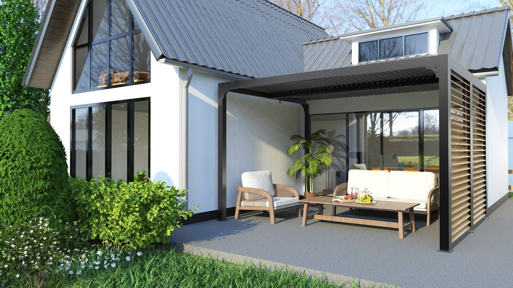 Habrita - Pergola Bioclimatique Aluminium Gris Anthracite avec Ventelles Latérales Imitation Bois – 10,80 m² – Lames Orientables Manuelles Habrita - Image 3