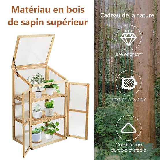 Mini Serre de Jardin 0.27m² 60x45x100cm Vitrages Transparents en Polycarbonate avec Etagères à 3 Niveaux Nature MAISON CHIC - Image 9