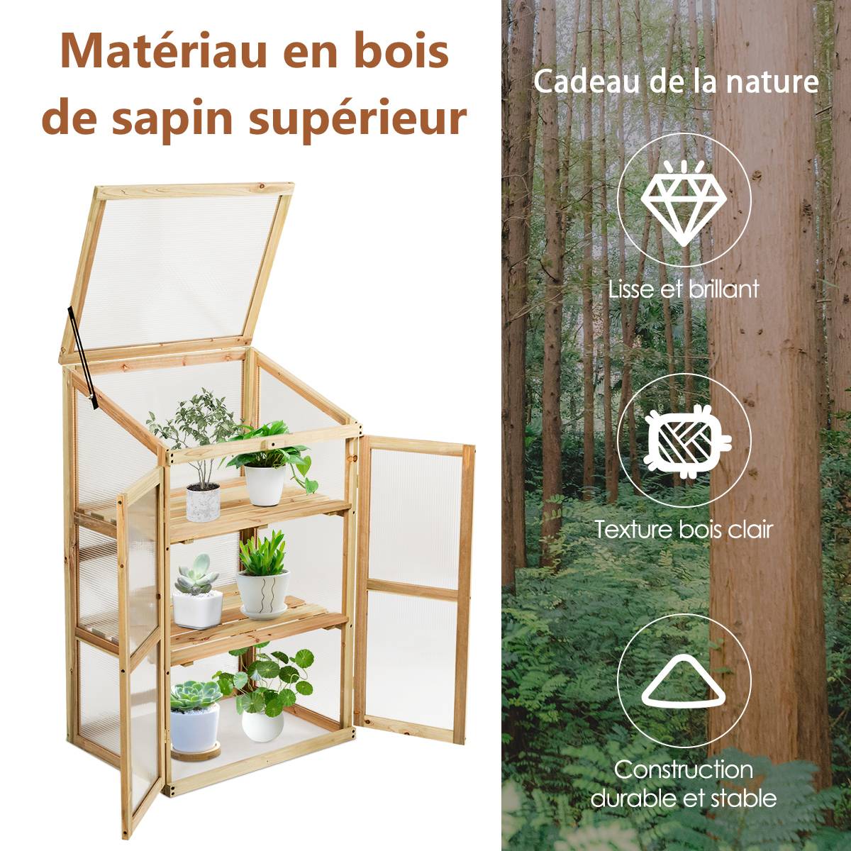 Mini Serre de Jardin 0.27m² 60x45x100cm Vitrages Transparents en Polycarbonate avec Etagères à 3 Niveaux Nature MAISON CHIC - Image 9
