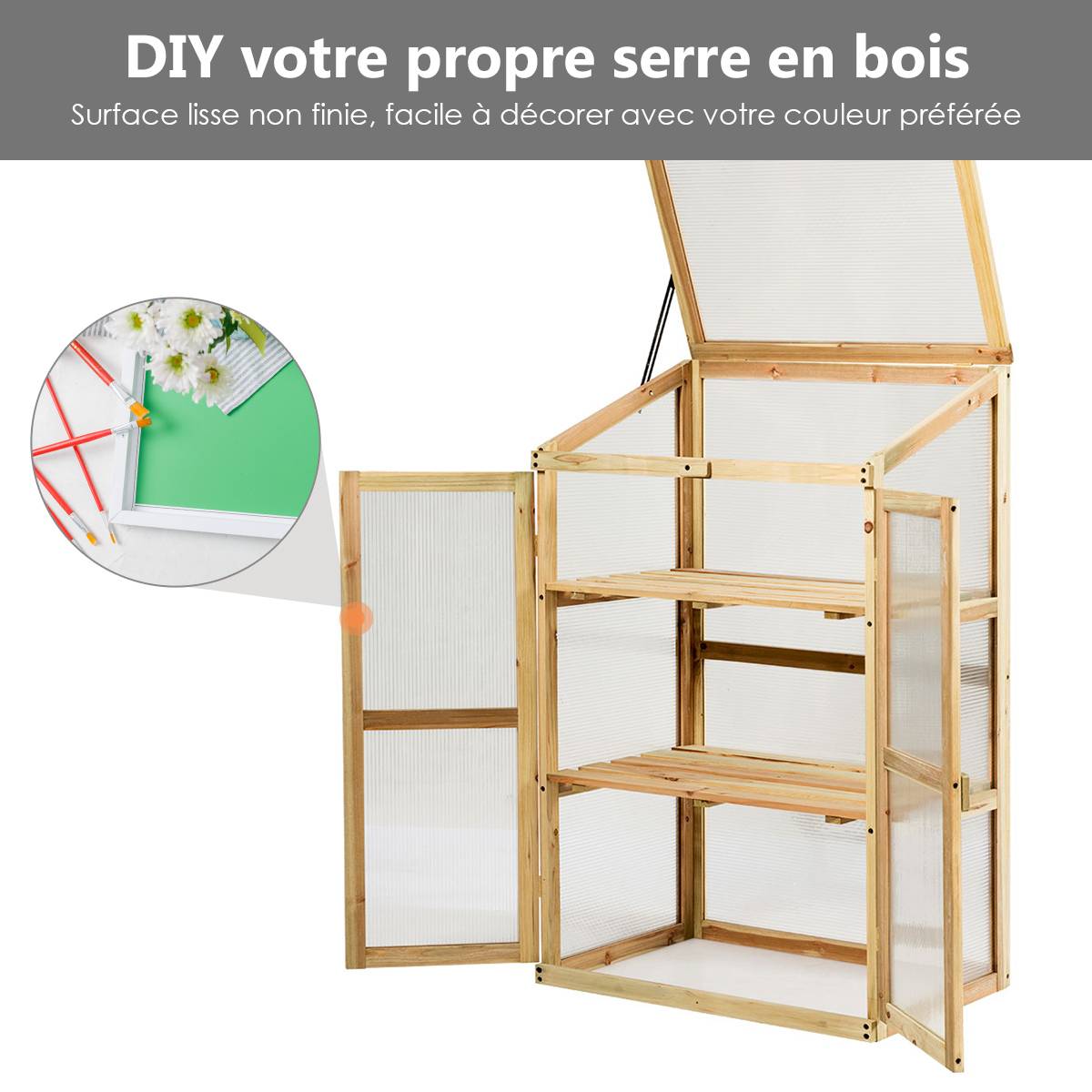 Mini Serre de Jardin 0.27m² 60x45x100cm Vitrages Transparents en Polycarbonate avec Etagères à 3 Niveaux Nature MAISON CHIC - Image 6