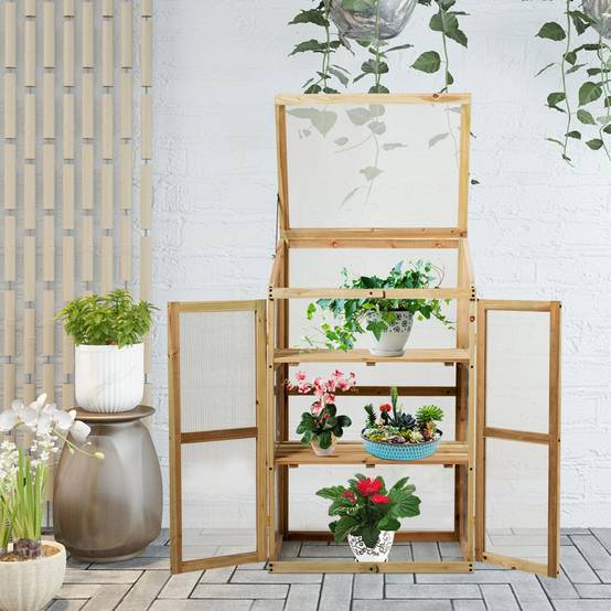 Mini Serre de Jardin 0.27m² 60x45x100cm Vitrages Transparents en Polycarbonate avec Etagères à 3 Niveaux Nature MAISON CHIC - Image 3