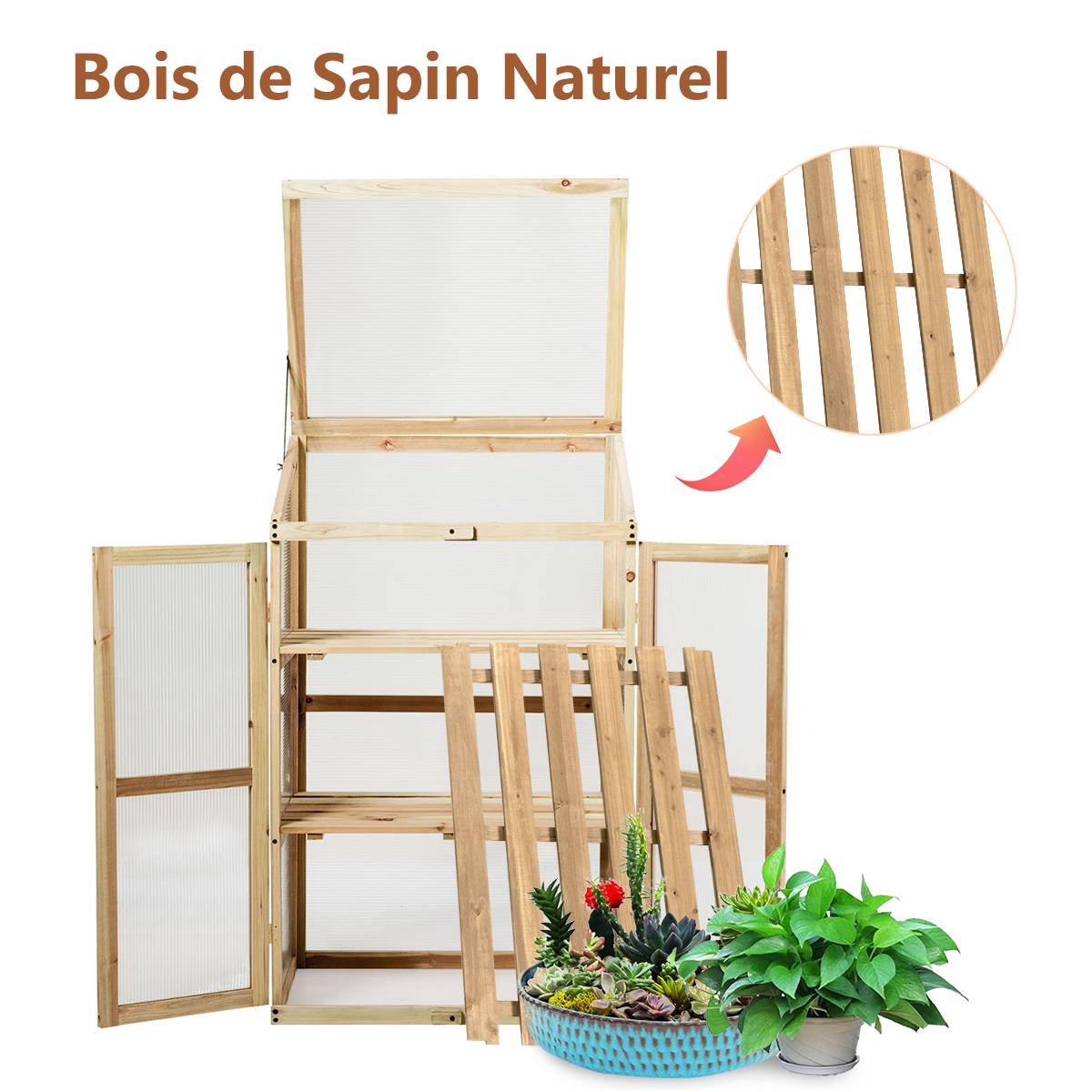 Mini Serre de Jardin 0.27m² 60x45x100cm Vitrages Transparents en Polycarbonate avec Etagères à 3 Niveaux Nature MAISON CHIC - Image 8