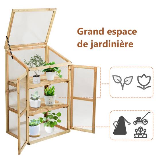 Mini Serre de Jardin 0.27m² 60x45x100cm Vitrages Transparents en Polycarbonate avec Etagères à 3 Niveaux Nature MAISON CHIC - Image 5