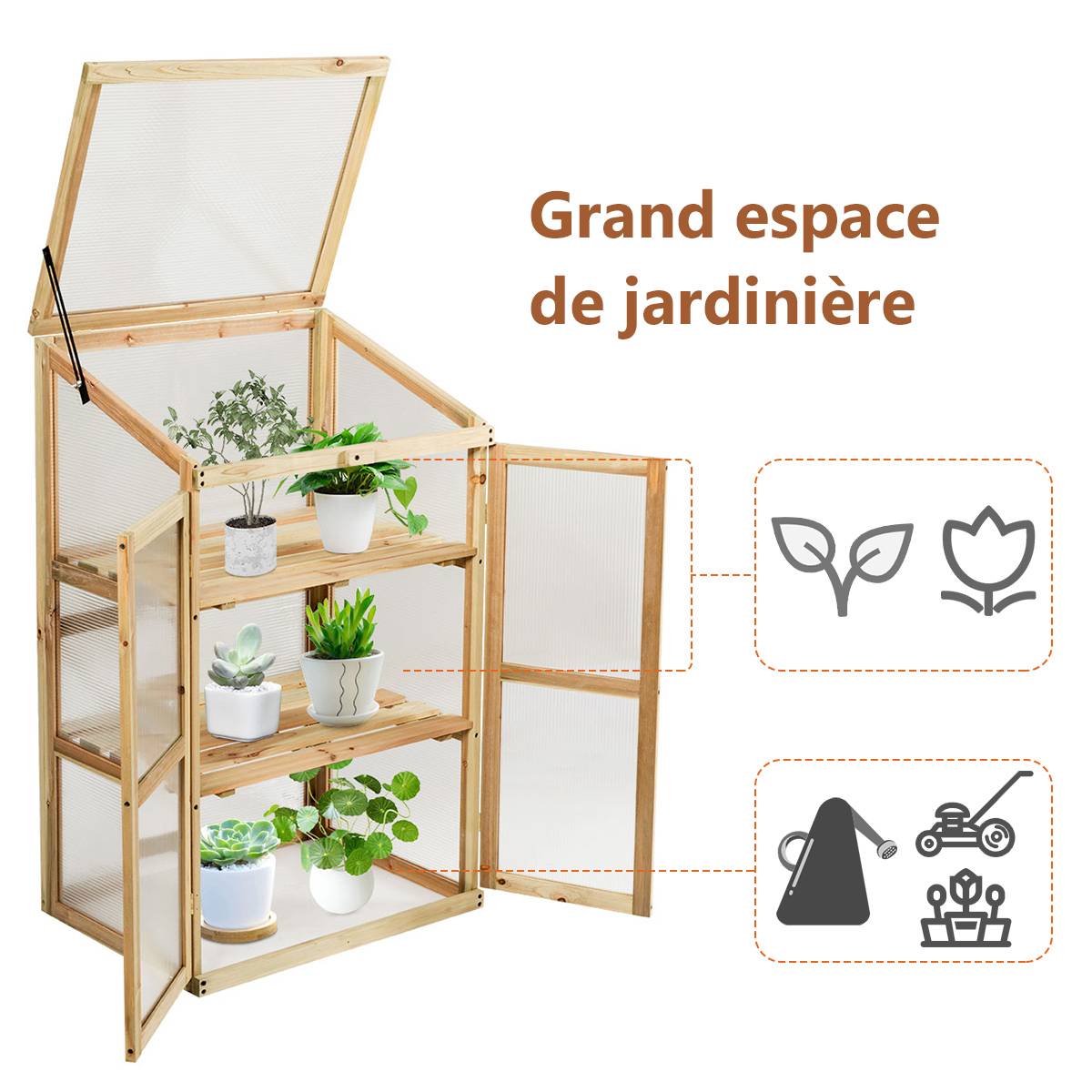 Mini Serre de Jardin 0.27m² 60x45x100cm Vitrages Transparents en Polycarbonate avec Etagères à 3 Niveaux Nature MAISON CHIC - Image 5