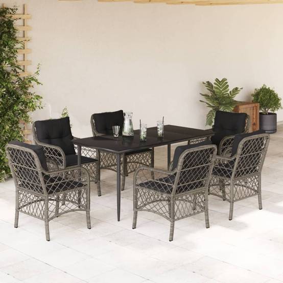 Salon de jardin 7p Résine tressée Chaises confortables Table acier verre Gris – ComfortXL Outdoor Living - Image 1